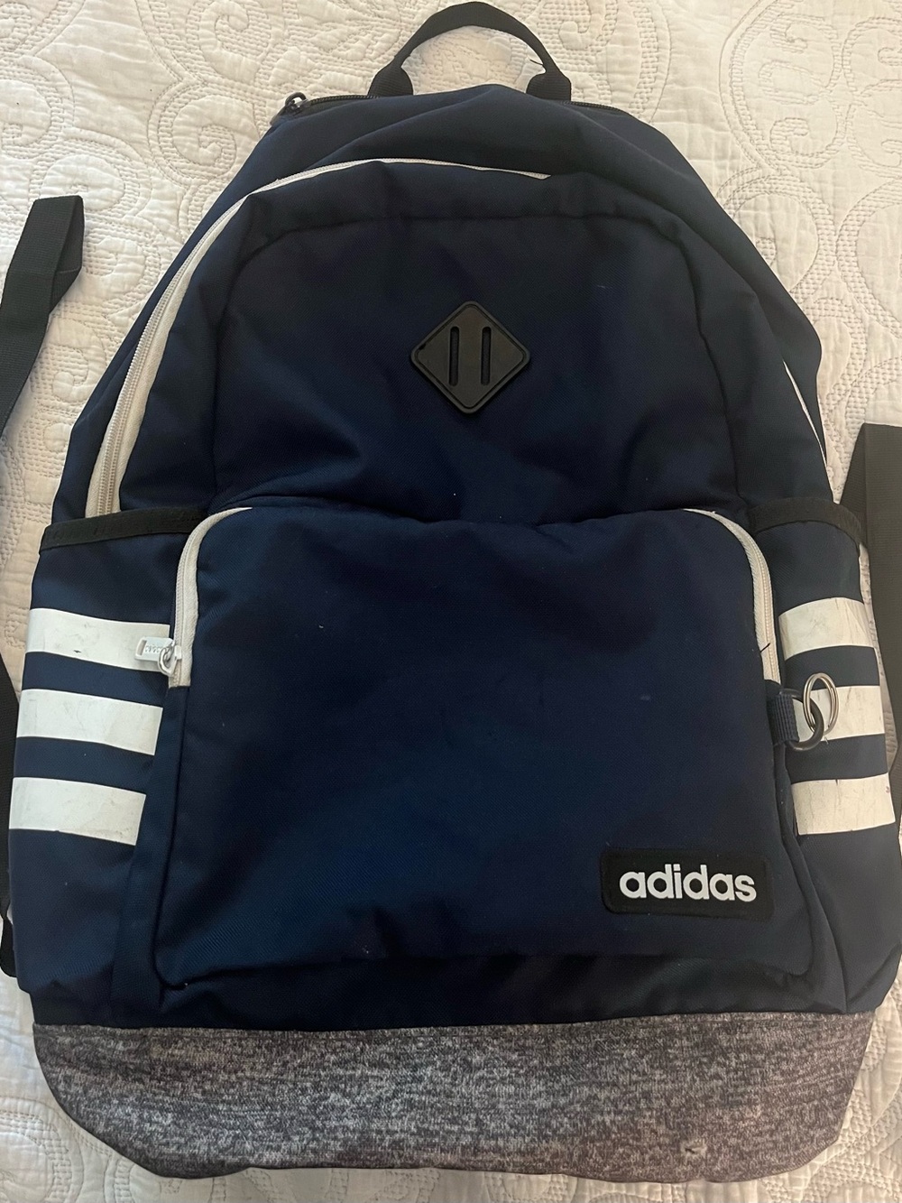 🎒 Adidas Navy Blue Backpack with Grey Base and White Stripes